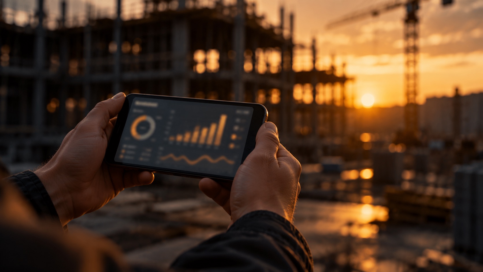 Un teléfono con el tablero de ventas frente a una obra en construcción